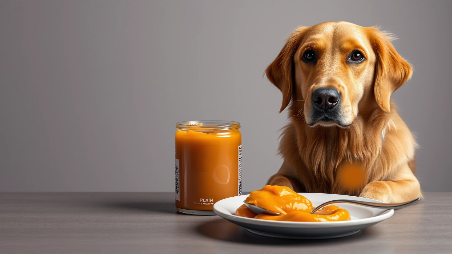 Golden retriever sitting next to an open can of plain pumpkin purée and a spoonful on a plate.