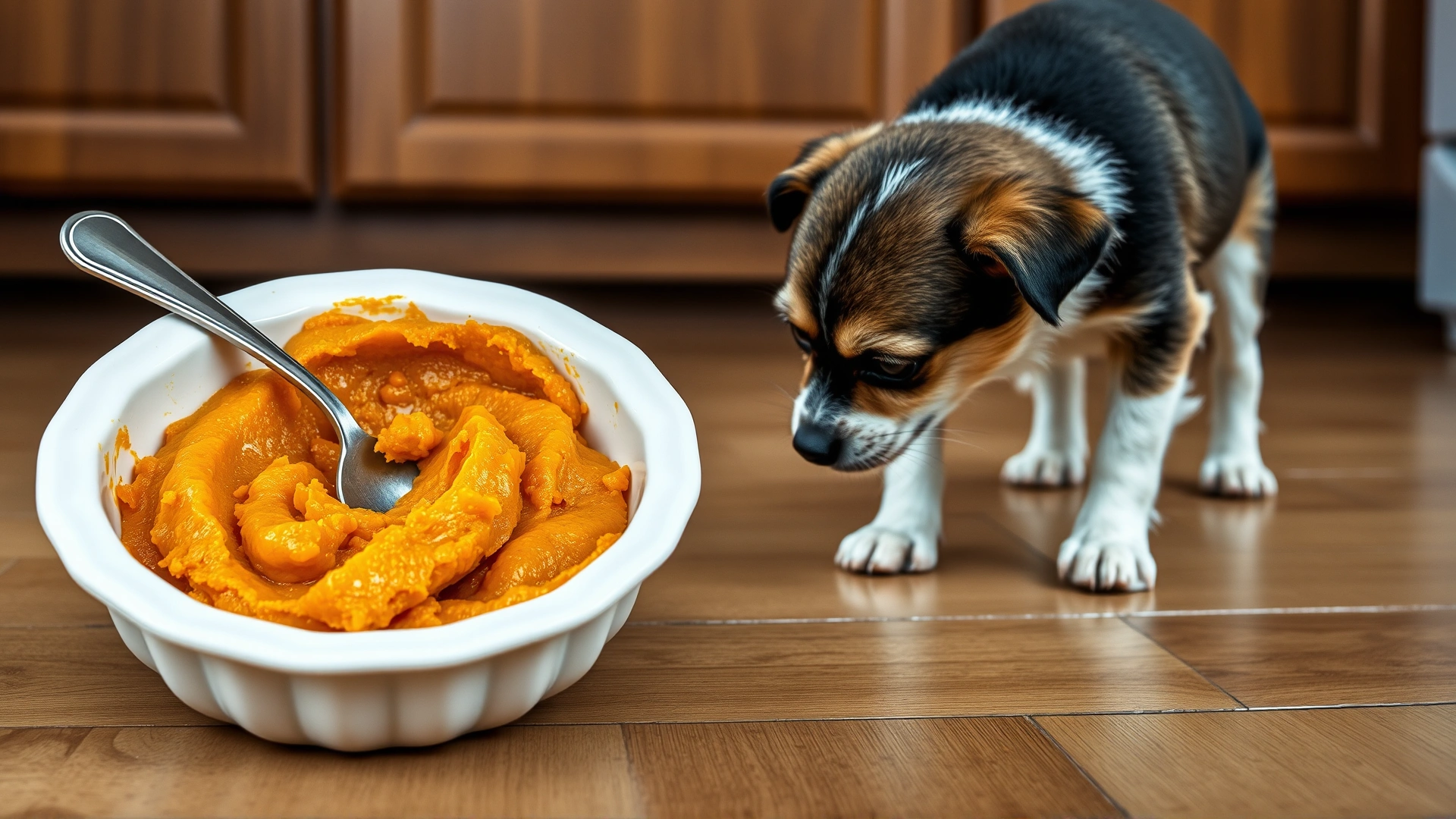 A pureed pumpkin in a white ceramic bowl with a spoon, placed next to a small dog eagerly sniffing it on a kitchen floor.