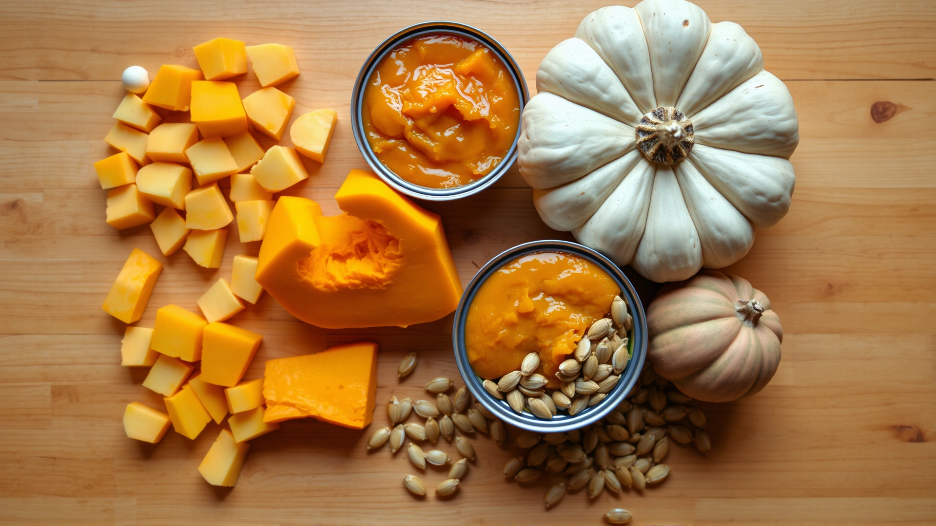 Flat lay of diced pumpkin pieces, canned pumpkin puree, and fresh pumpkin seeds on a wooden table to illustrate different forms of pumpkin, no text