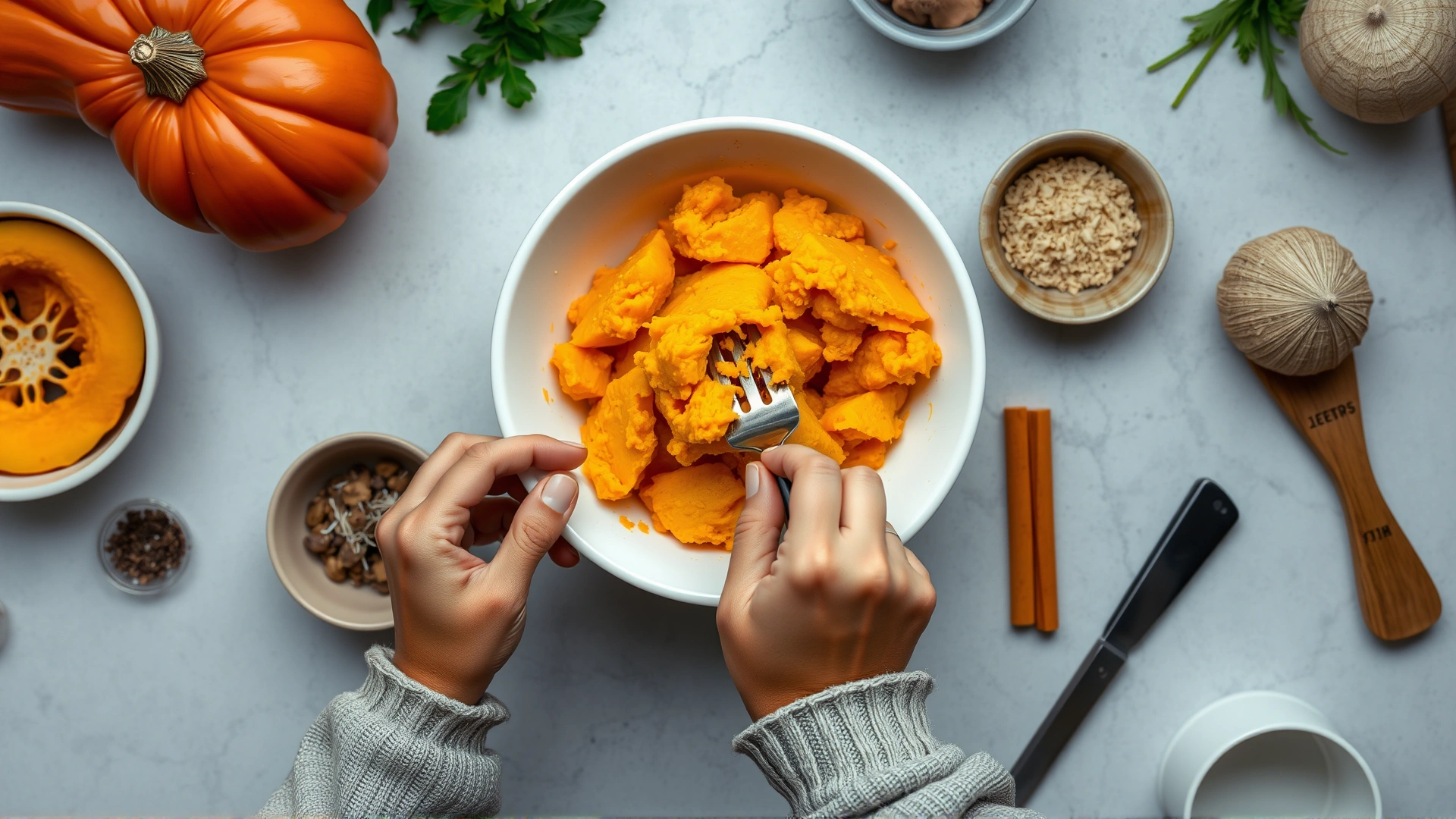 Hands mashing cooked pumpkin with a fork in a white ceramic bowl on a kitchen counter, ingredients neatly arranged, overhead view.