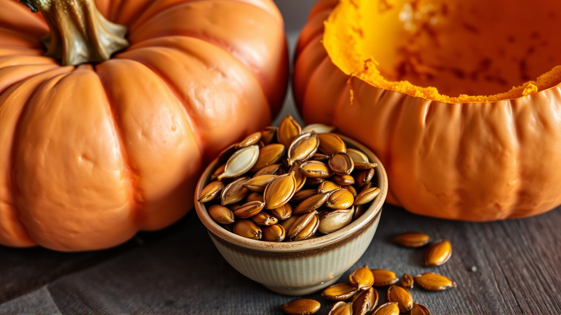 Roasted unsalted pumpkin seeds in a small ceramic bowl placed next to a whole pumpkin, bright lighting, no text
