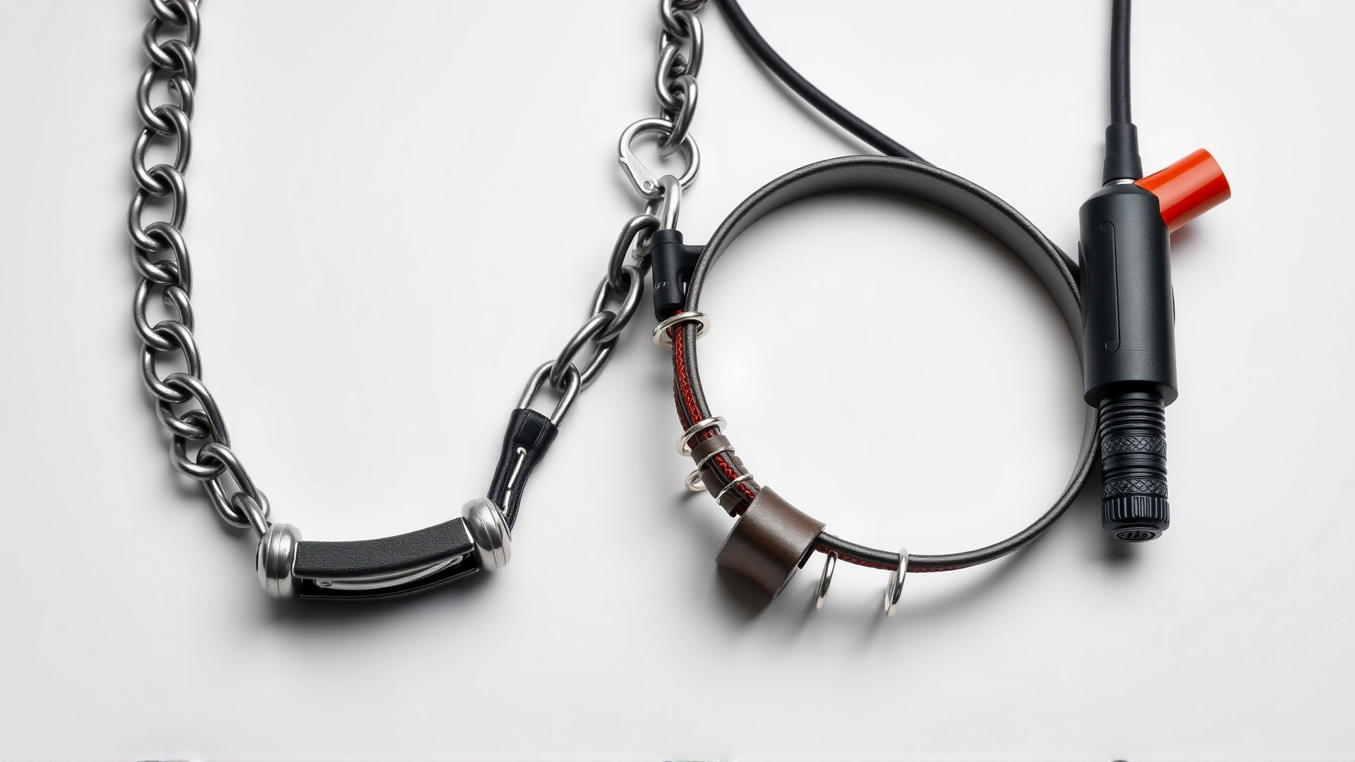Close-up of a choke chain, prong collar, and shock collar laid out on a neutral background to illustrate punishment tools