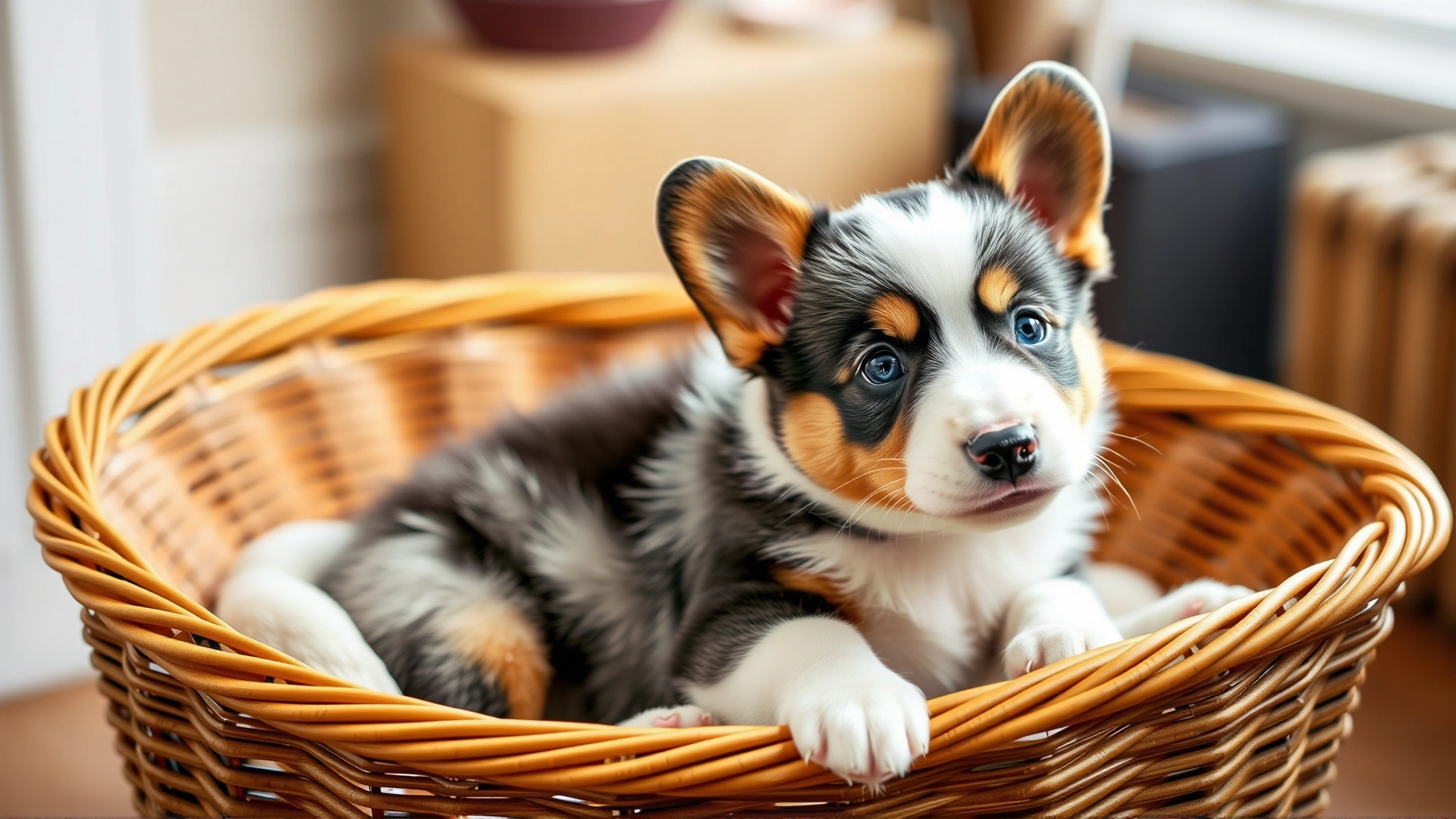 Adorable blue-merle Cardigan Welsh Corgi puppy sitting in a wicker basket indoors with soft lighting.