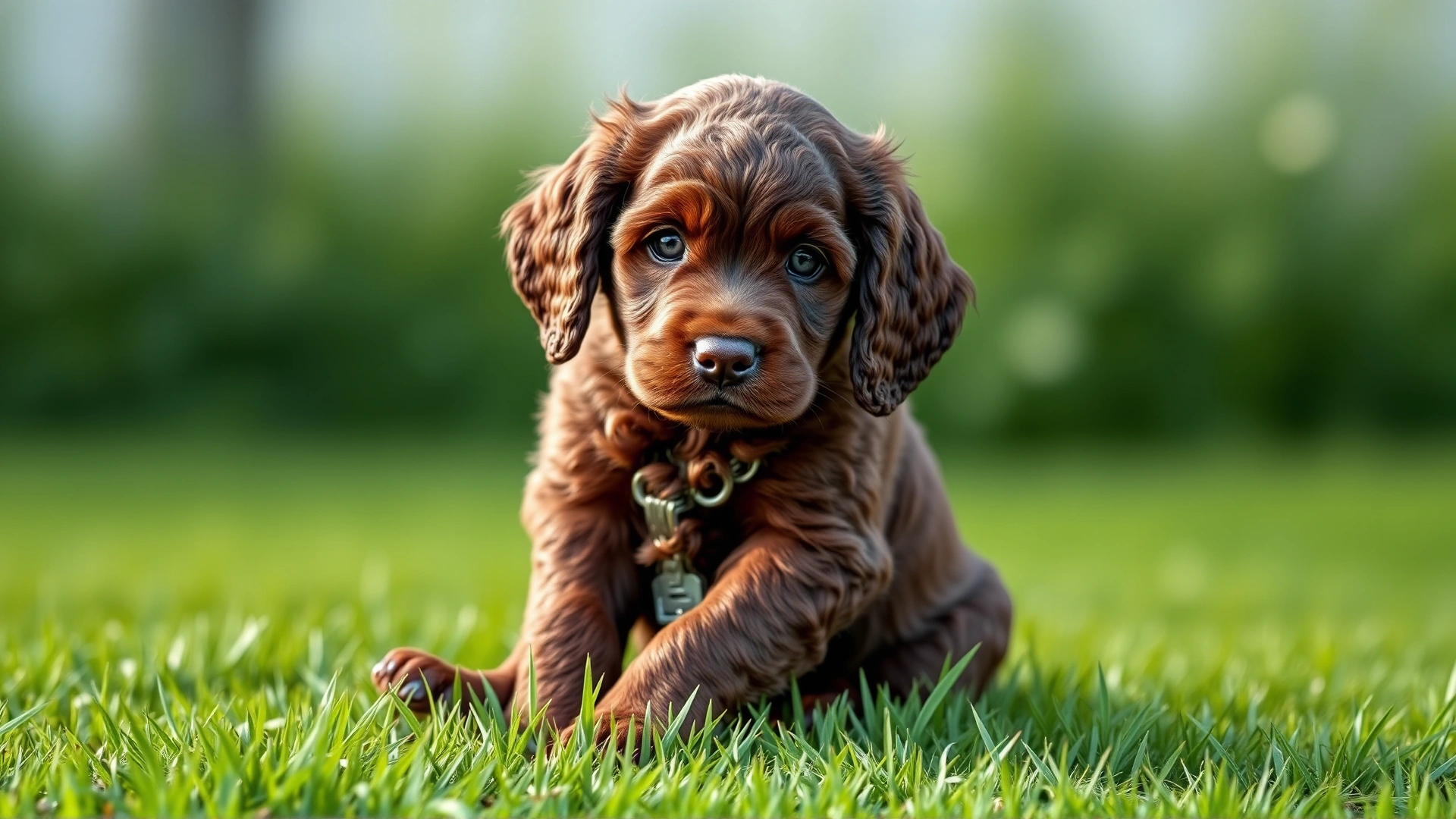 Cute Irish Water Spaniel puppy sitting on fresh grass, floppy ears, curious eyes looking at camera