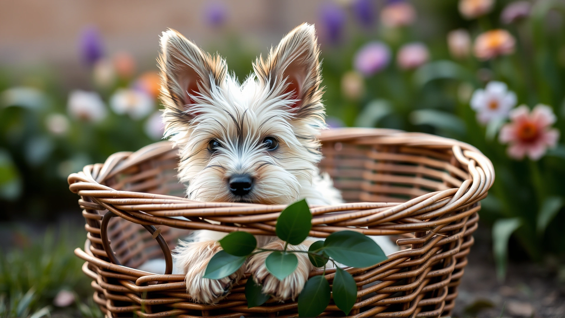 Cute Skye Terrier puppy with oversized ears sitting inside a wicker basket in a garden, soft natural light.