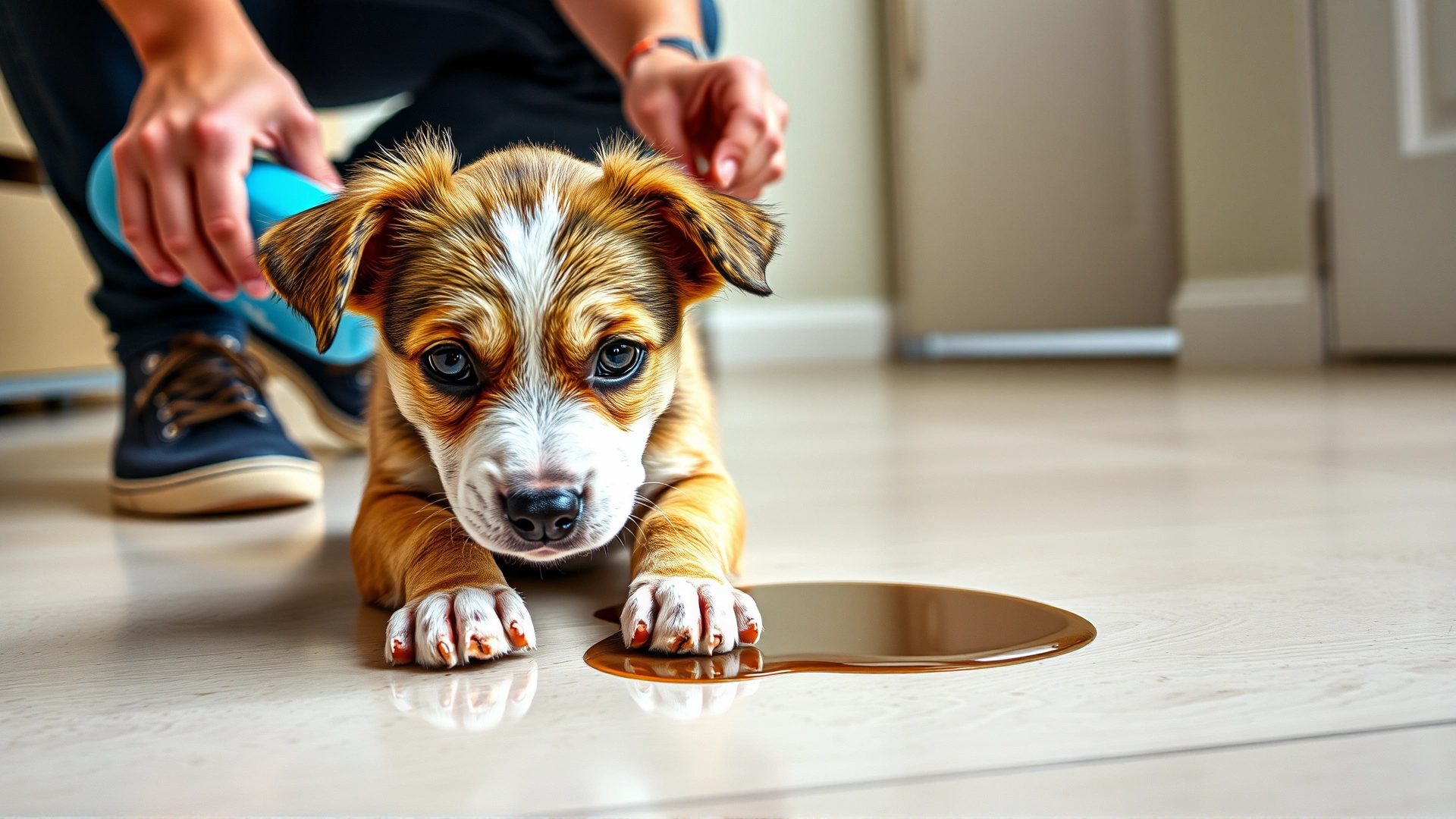 Puppy looking guilty near a small puddle on floor with owner cleaning calmly