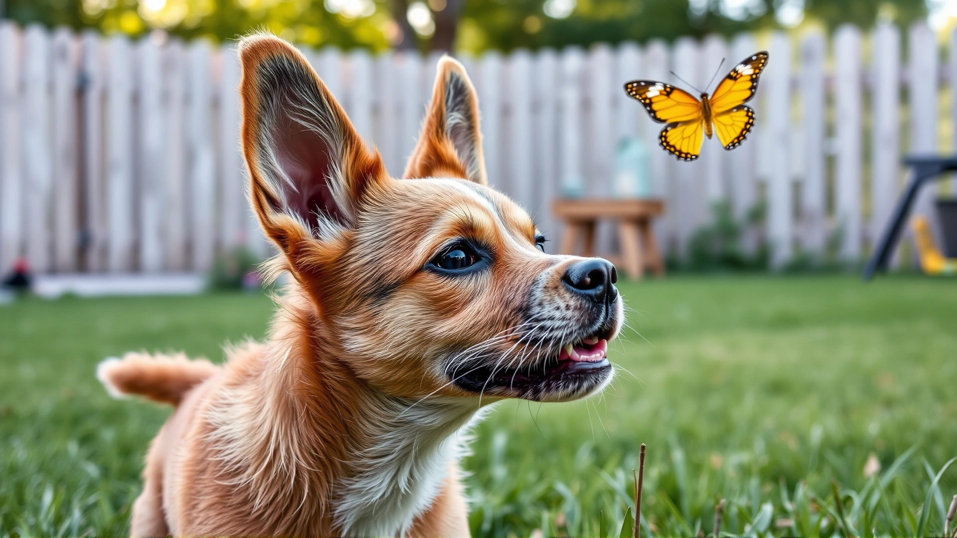 Teenage dog around 8 months old ignoring owner’s call while chasing a butterfly in the backyard, representing the adolescent phase.