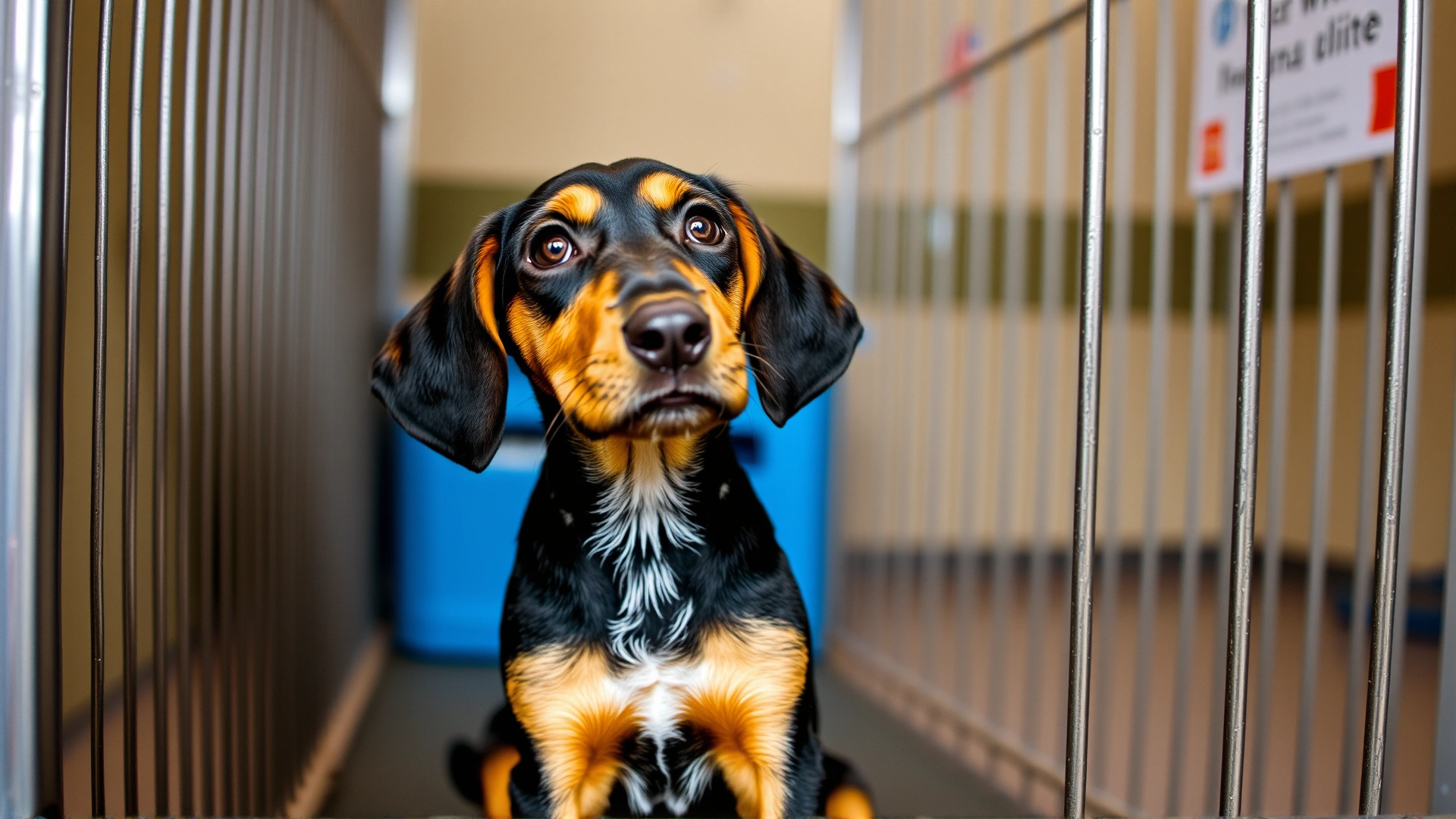 A Black and Tan Coonhound puppy sitting inside an adoption center playpen looking up with hopeful eyes, soft indoor lighting.
