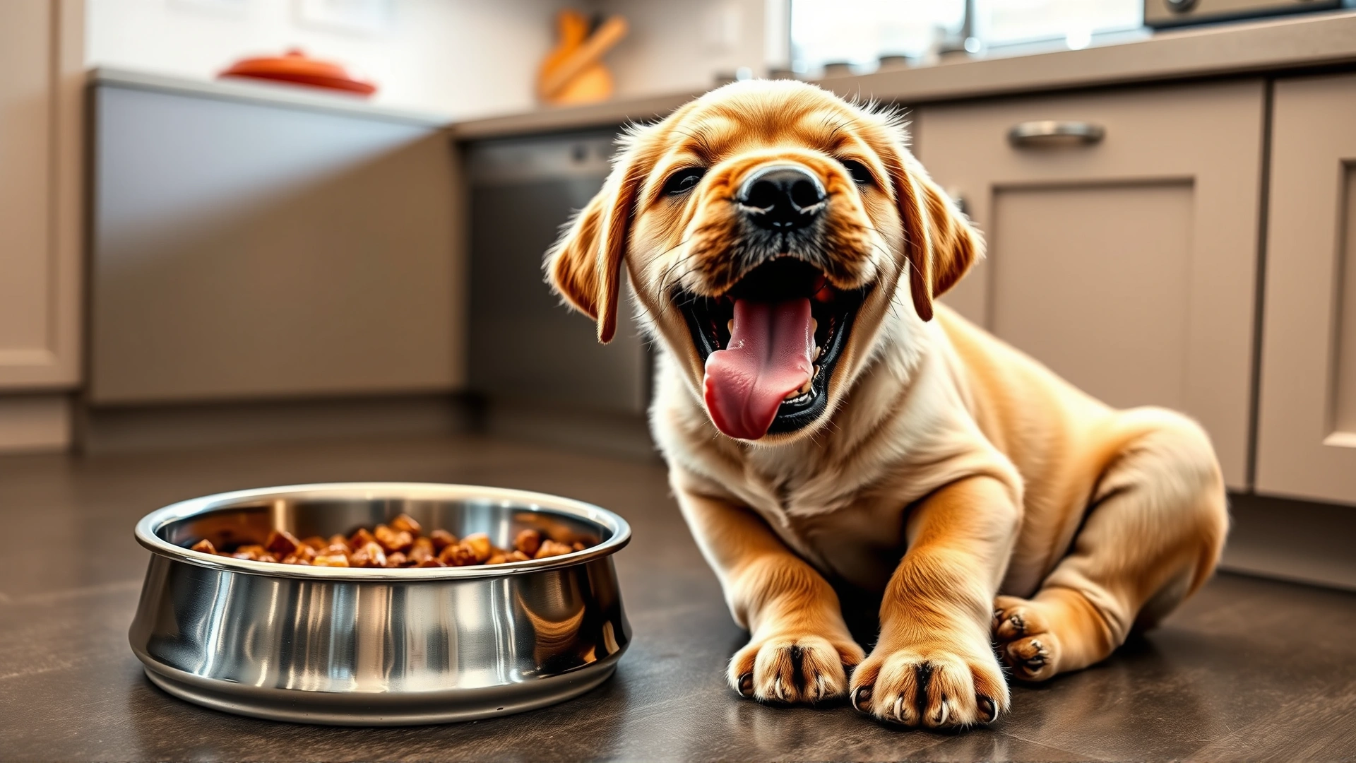 Small Labrador puppy sitting near a stainless-steel food bowl, licking its lips happily on a kitchen floor.