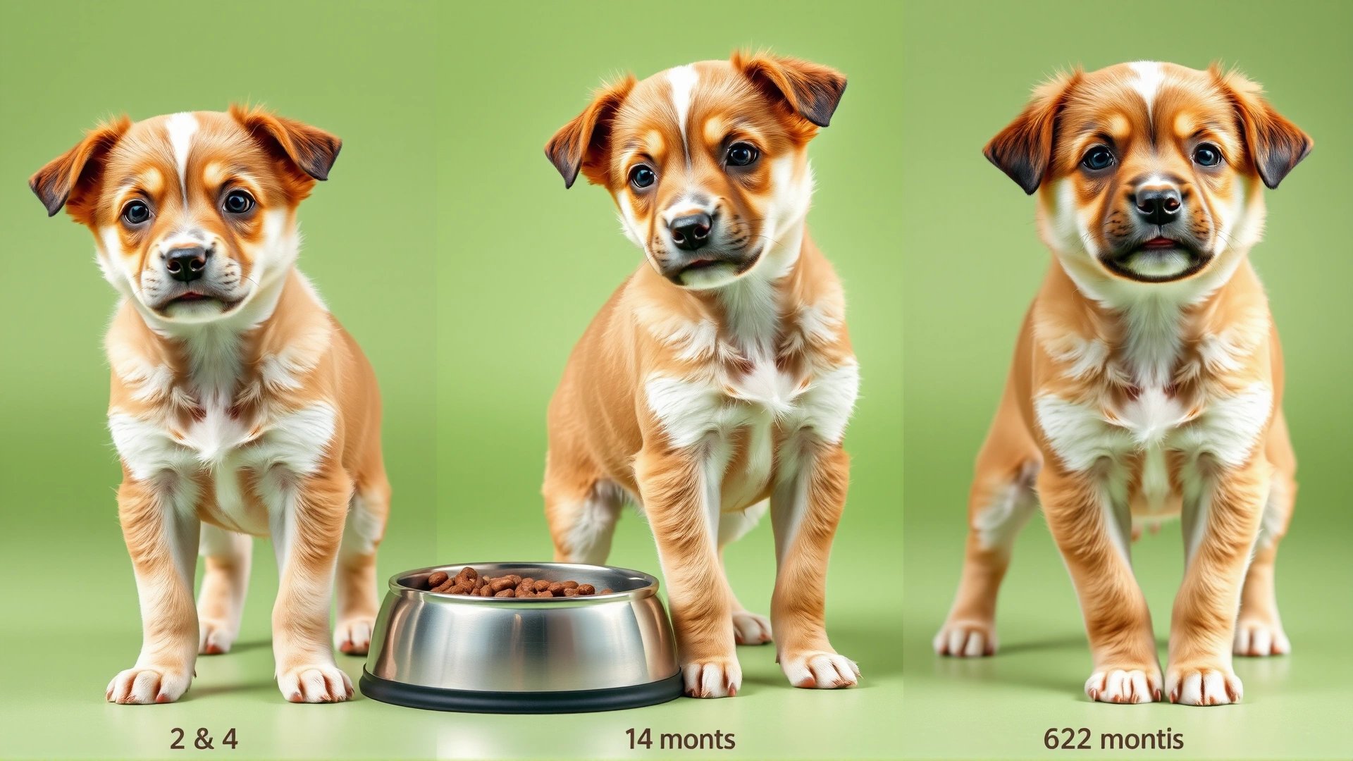 Collage style image showing the same medium-sized puppy at 2, 4, and 6 months old standing next to the same food bowl for size comparison, no text