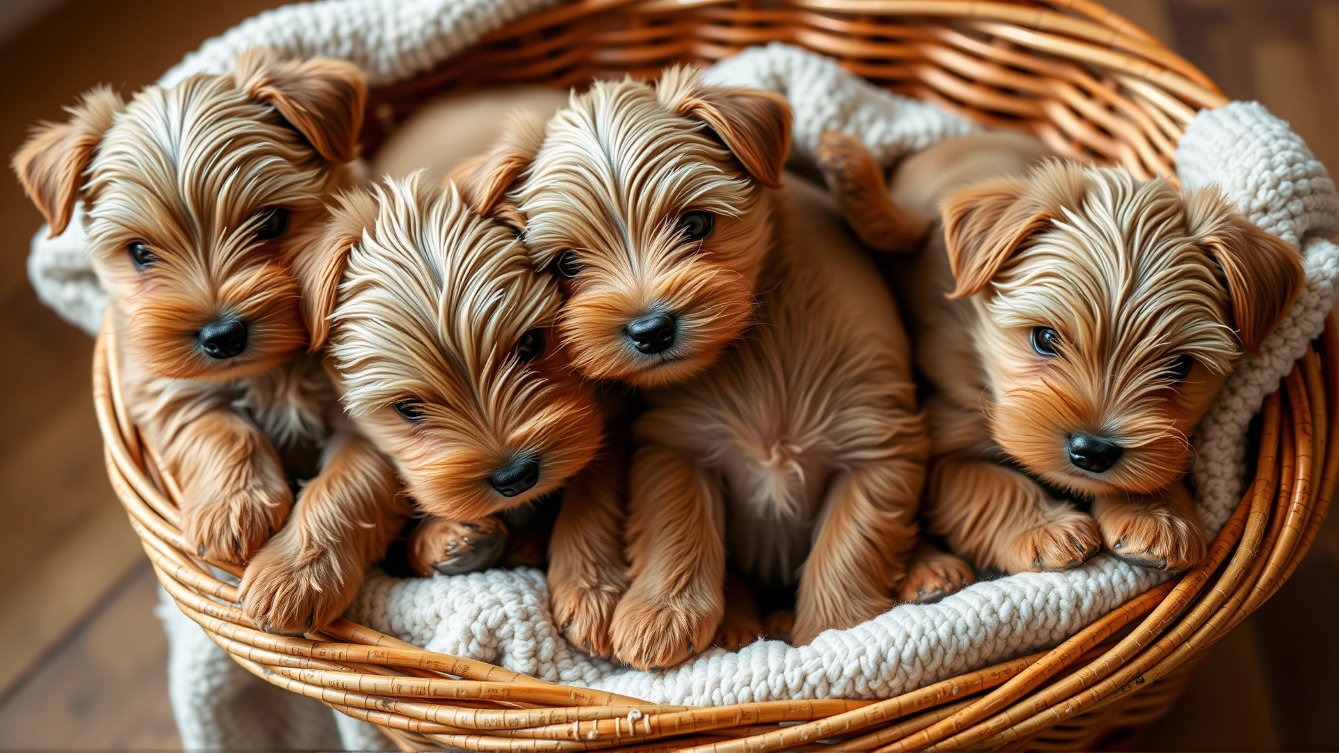 Group of adorable Welsh Terrier puppies cuddled together in a wicker basket on a soft blanket.