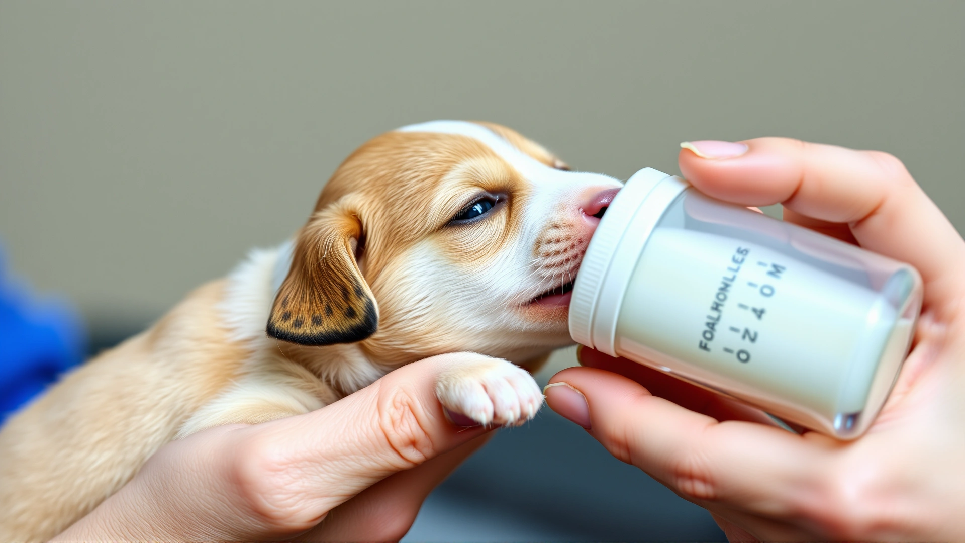Human hand gently bottle-feeding a very young puppy with specialized milk formula, focus on closeness and nutrition