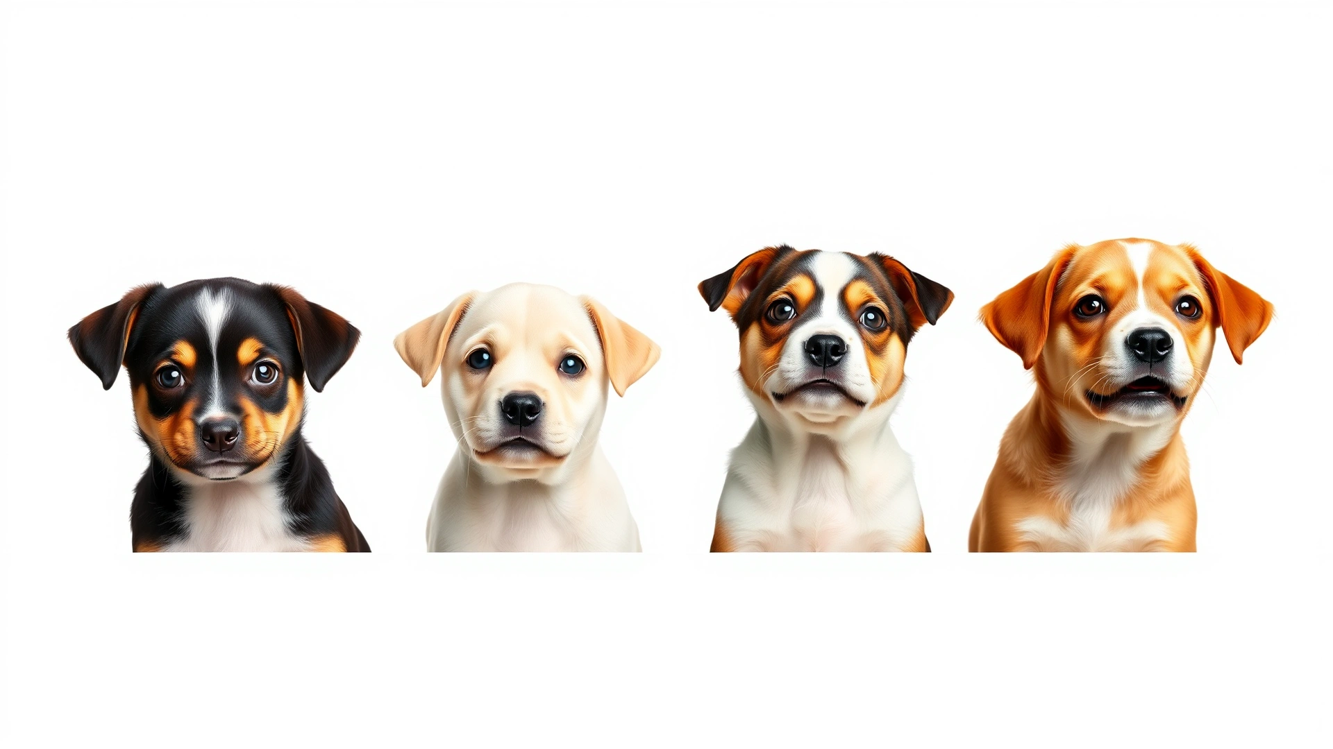 Grid view of four different puppy breeds’ faces against a plain white background, each puppy looking at camera, no text on image