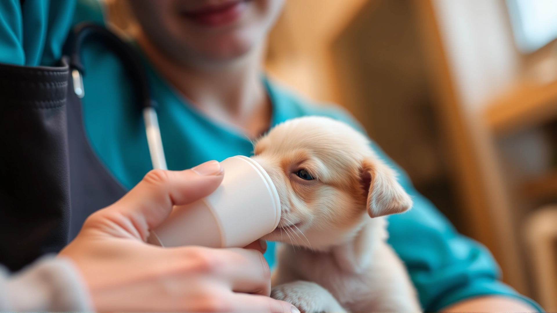 Close-up of a volunteer gently bottle-feeding a tiny puppy; warm indoor lighting; soft focus.