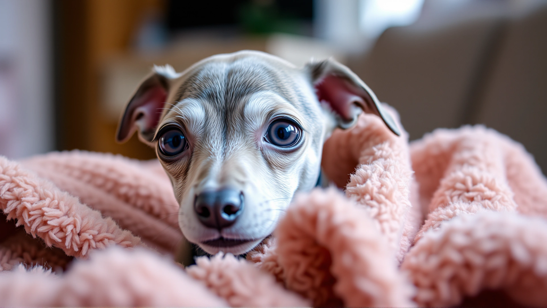 Adorable Italian Greyhound puppy wrapped in a soft blanket looking at the camera with big expressive eyes, warm indoor lighting