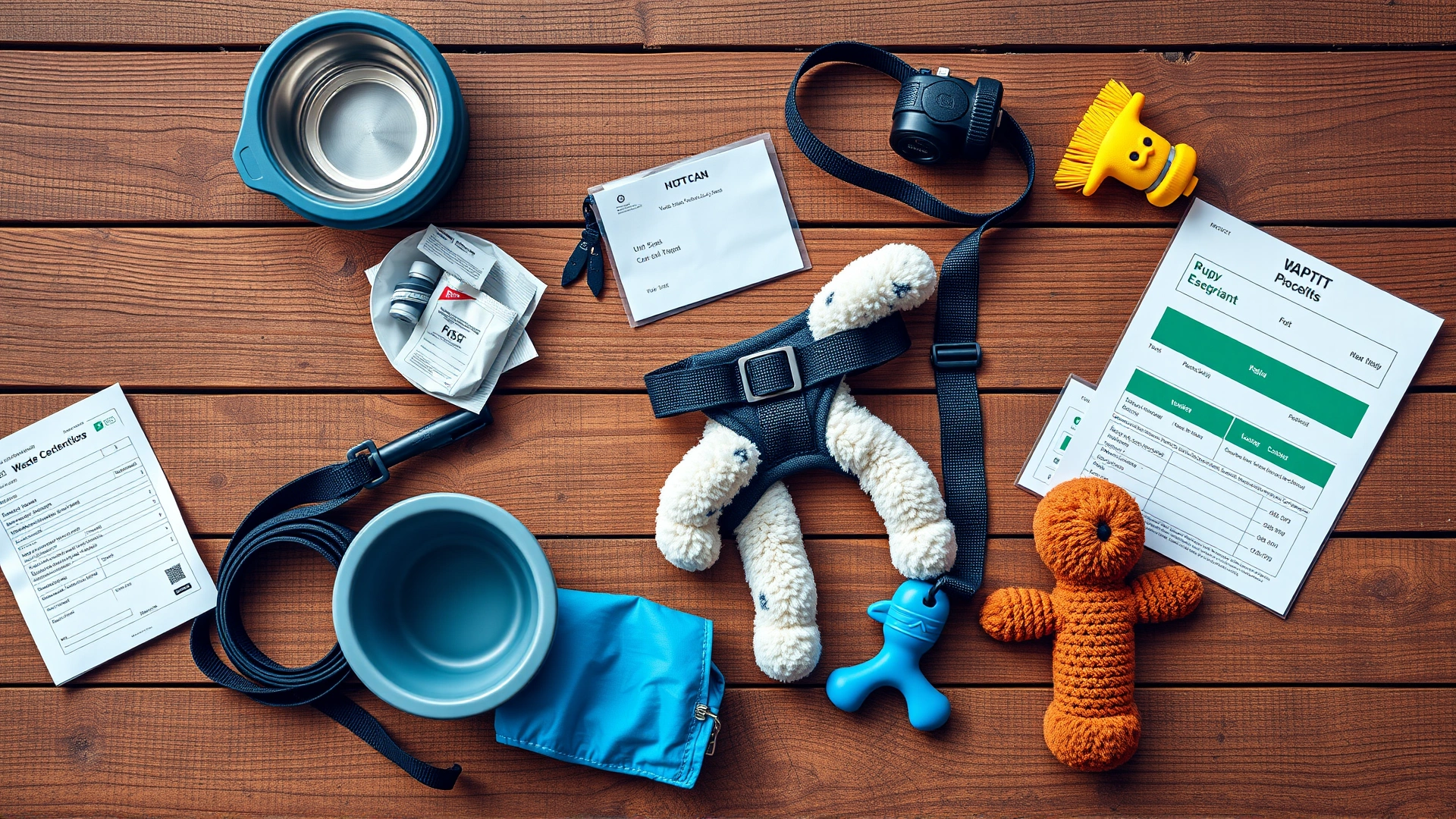 Flat lay photo of assorted puppy travel essentials: collapsible bowls, leash, harness, waste bags, vaccination records, and a toy on a wooden surface