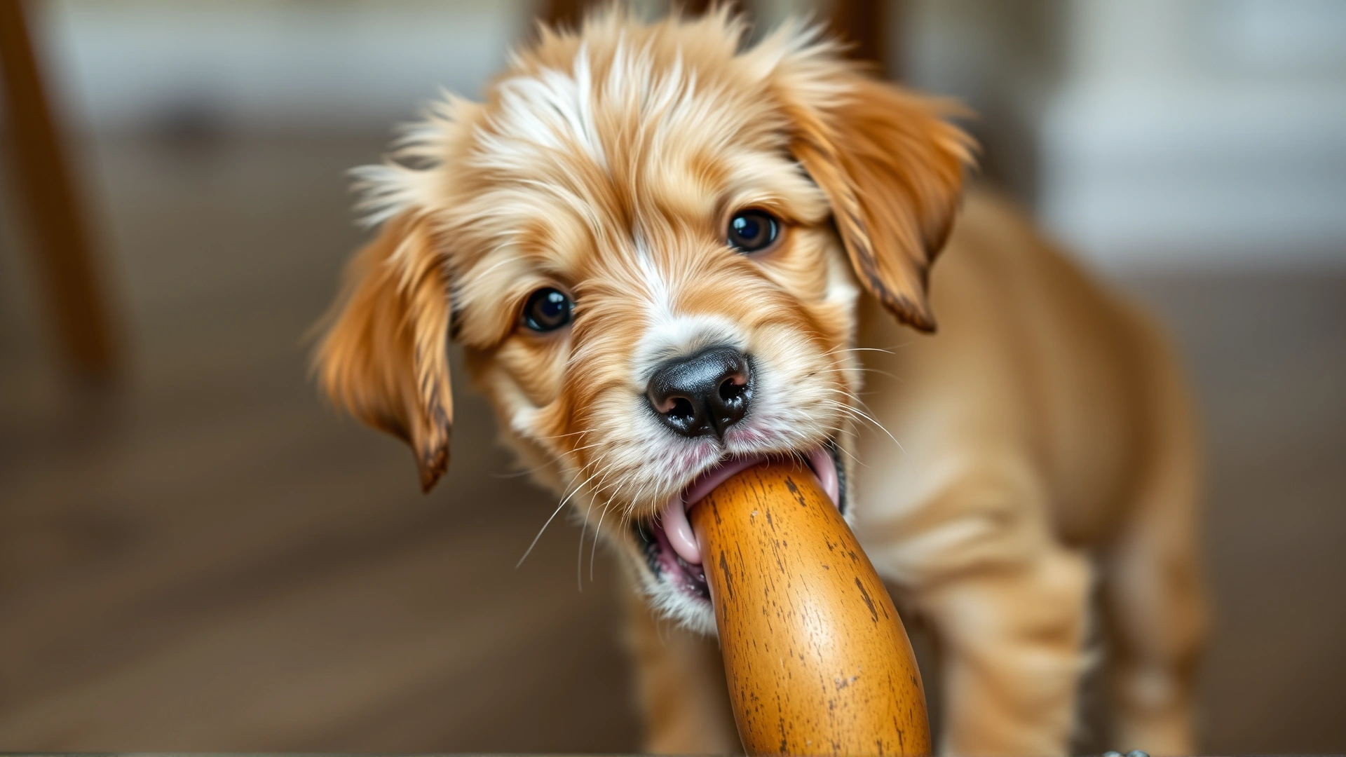 Medium shot of a curious mixed-breed puppy nibbling on a wooden table leg, emphasizing natural behavior during teething stage.