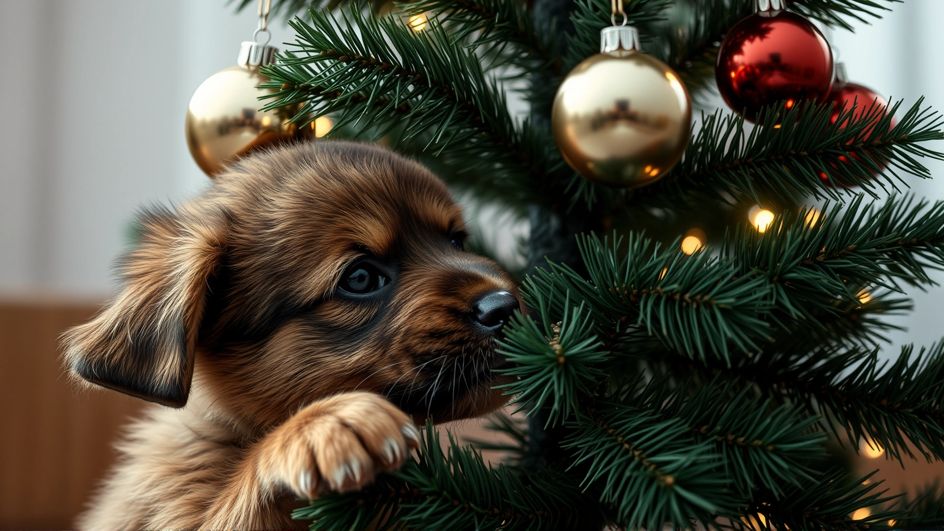 Close-up of a playful puppy sniffing the lower branches of a Christmas tree, with softly lit ornaments hanging above its head. The scene should illustrate the potential hazard while looking adorable.