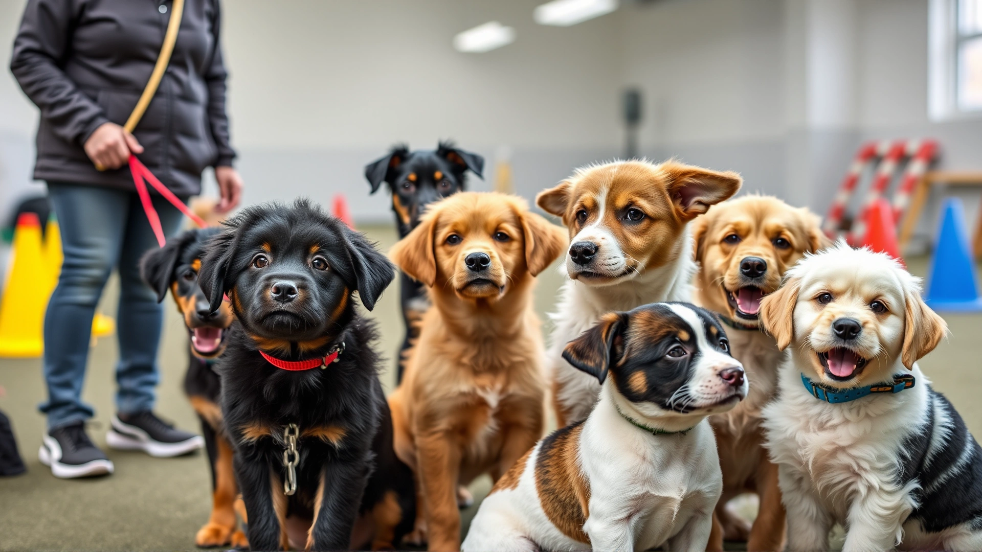 Group of diverse puppies and their owners in an indoor training class, colorful agility cones in the background
