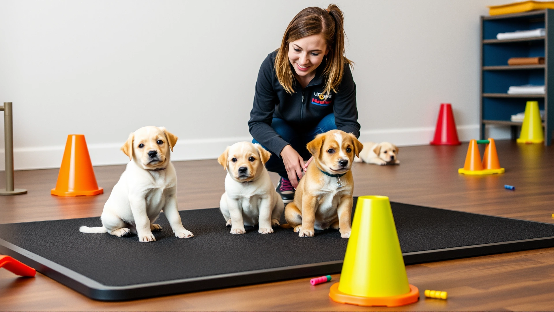 Indoor puppy training class: a professional trainer crouches beside three attentive puppies sitting on a rubber mat floor, colorful agility cones and toys scattered around.