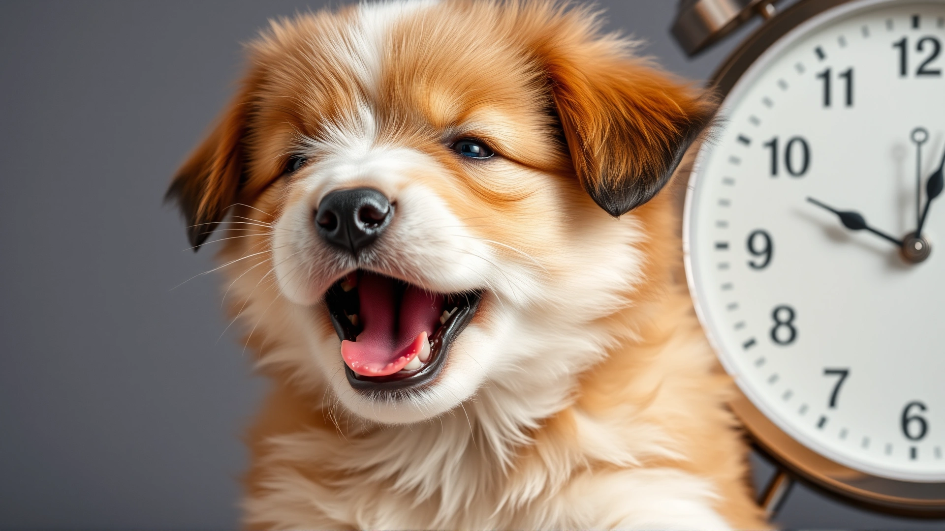 Close-up of a fluffy puppy yawning next to a simple analog clock, symbolizing schedule and time management