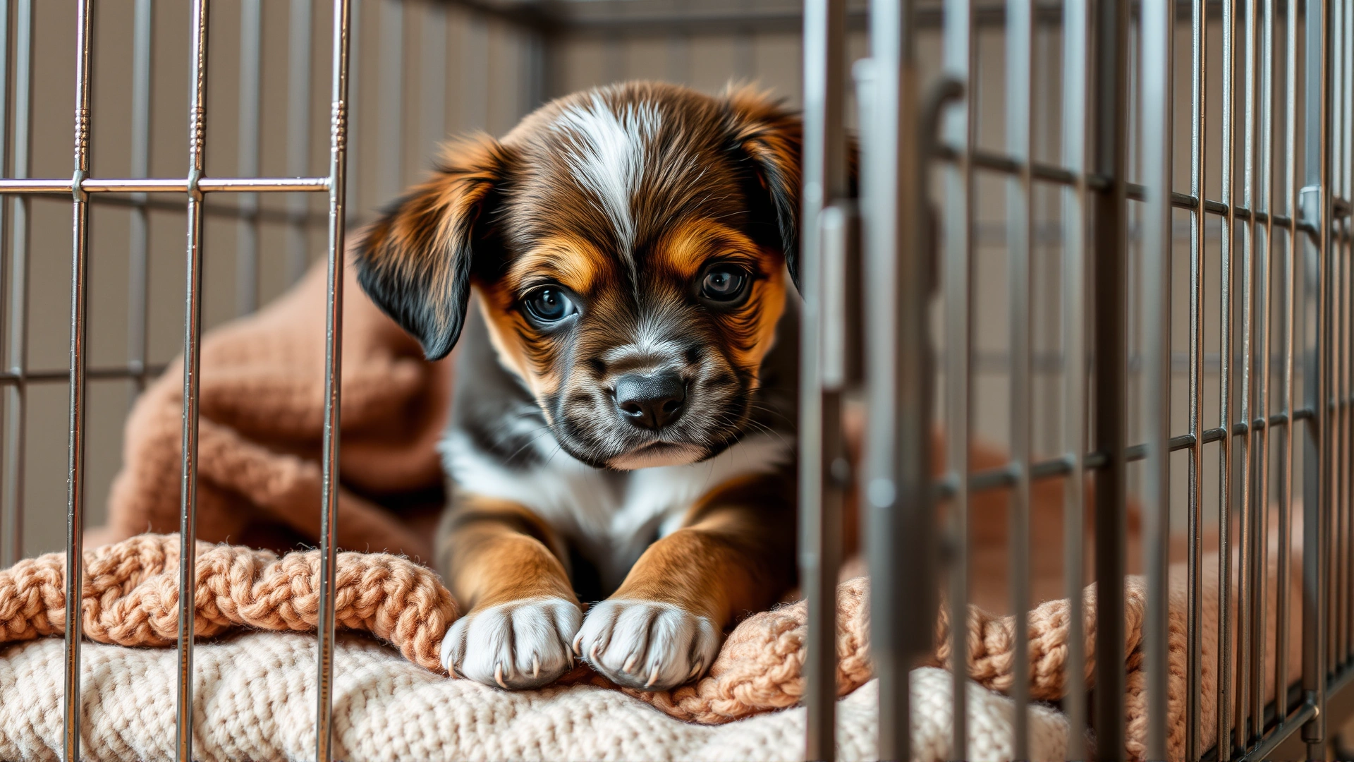 Closeup of a puppy entering a comfortable wire crate with a soft blanket