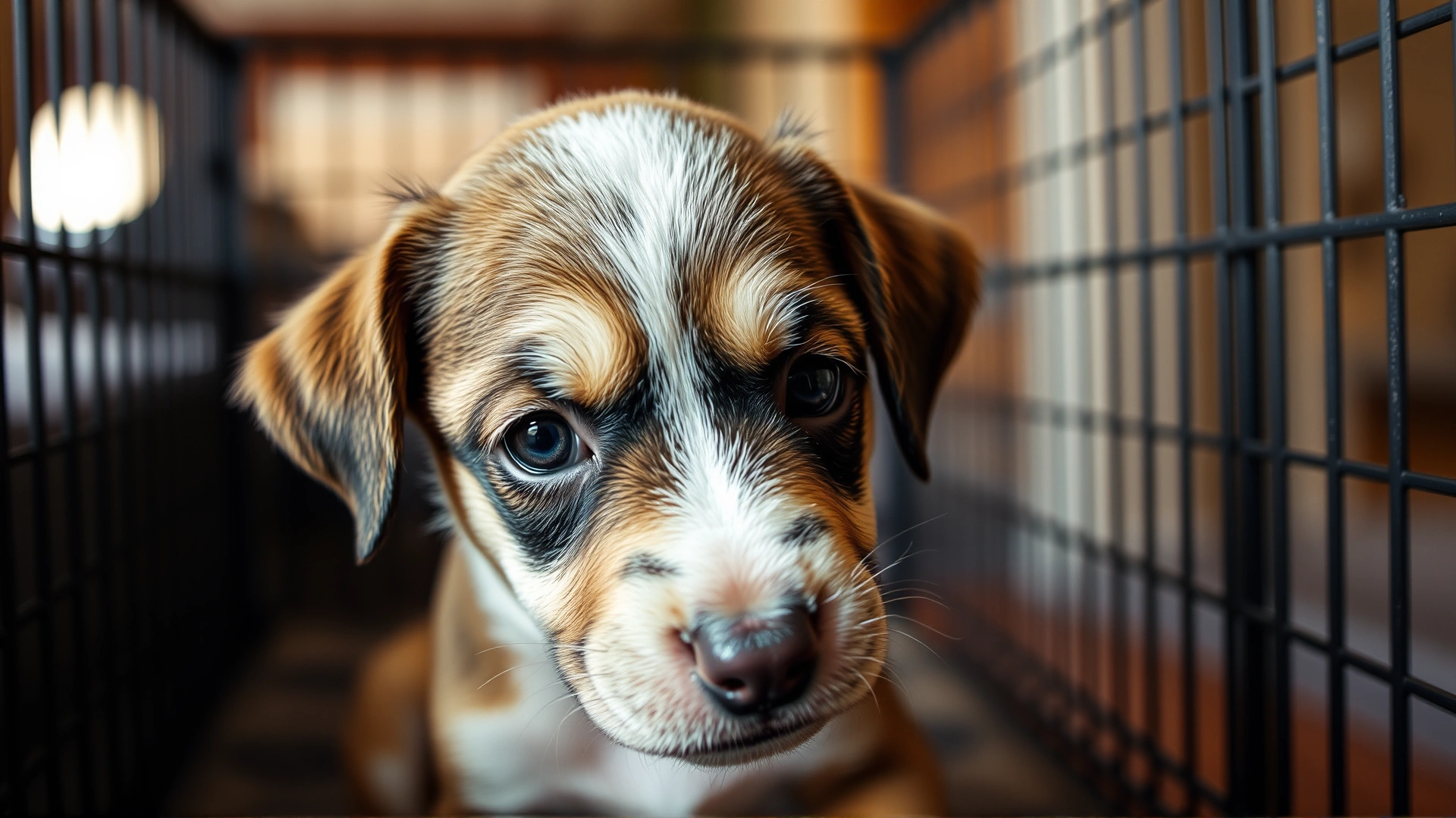 Close-up of a young puppy sitting in a crate with watery eyes and slightly parted mouth, illustrating mild distress, warm indoor lighting