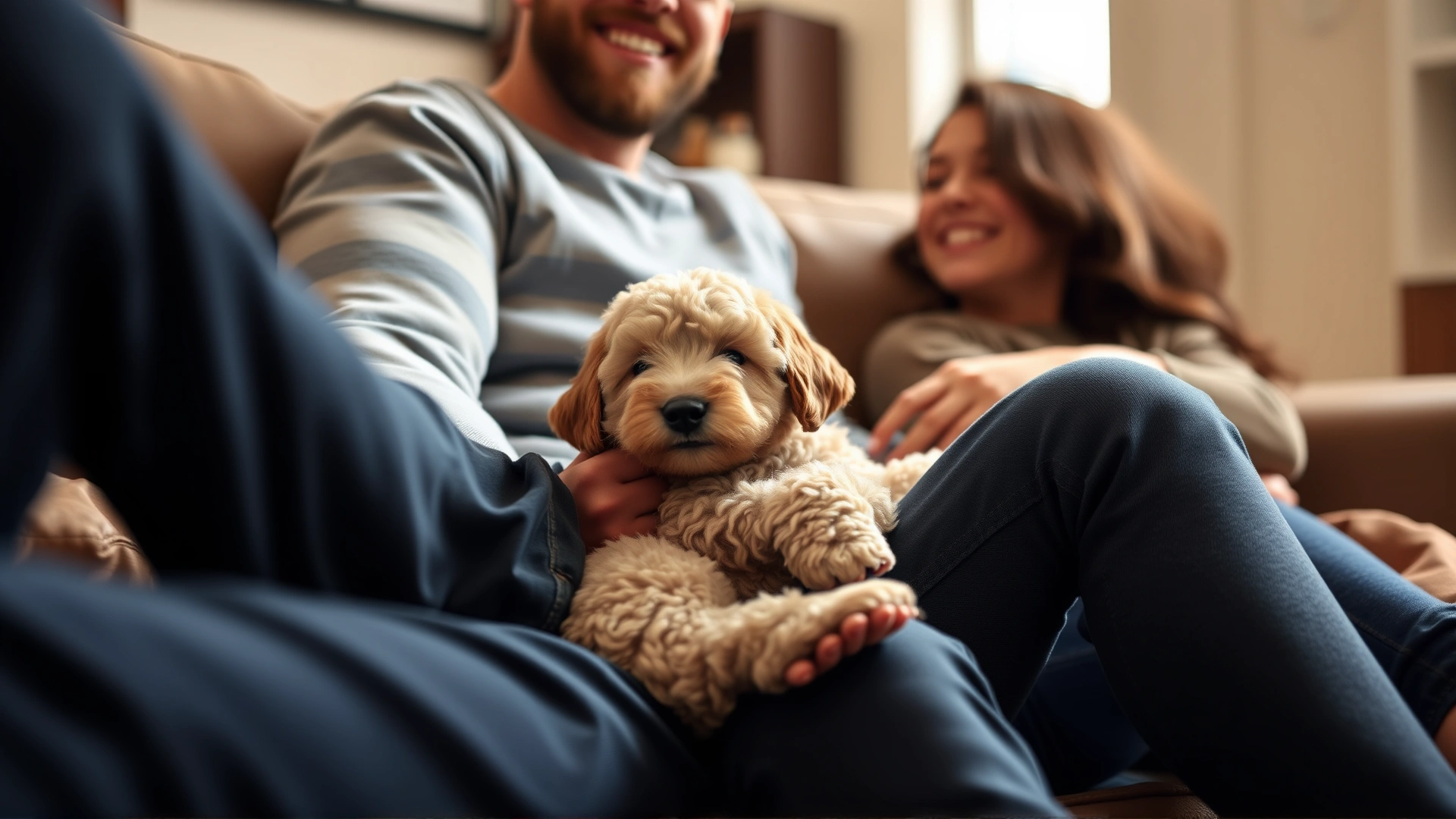 Spanish Water Dog puppy cuddled in the lap of a smiling family on a cozy couch, warm indoor lighting, candid moment.