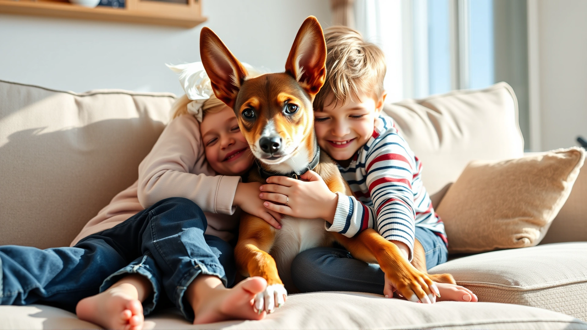 A Basenji puppy cuddling with two smiling children on a cozy living room couch with natural daylight.