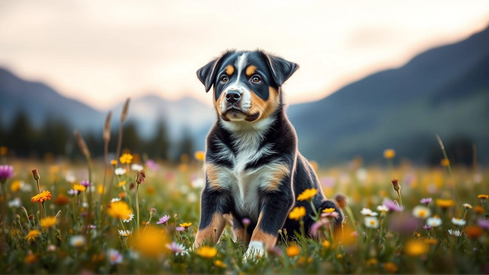 Adorable Entlebucher Mountain Dog puppy sitting in a wildflower-filled meadow with mountains softly blurred in the background.