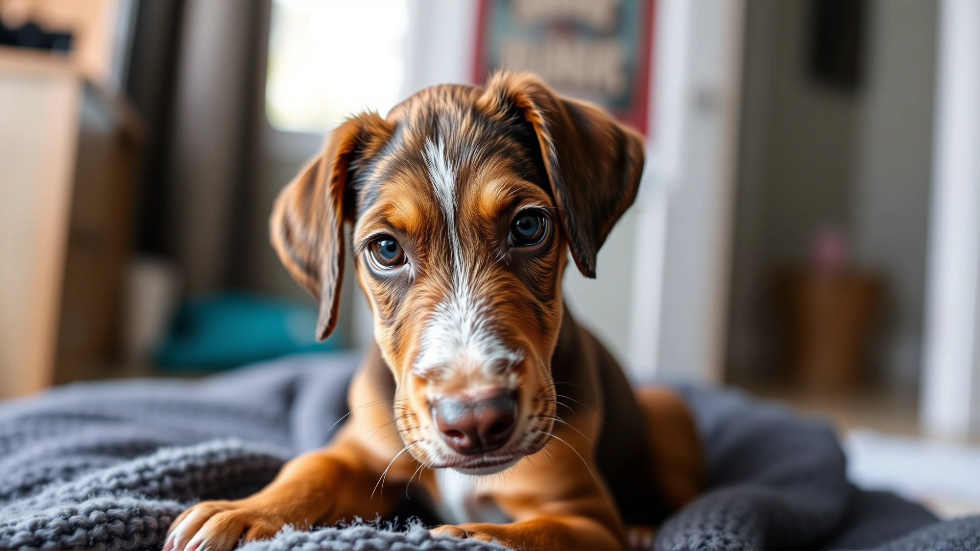 Close-up of a Bracco Italiano puppy sitting on a cozy blanket indoors, bright eyes and soft lighting.