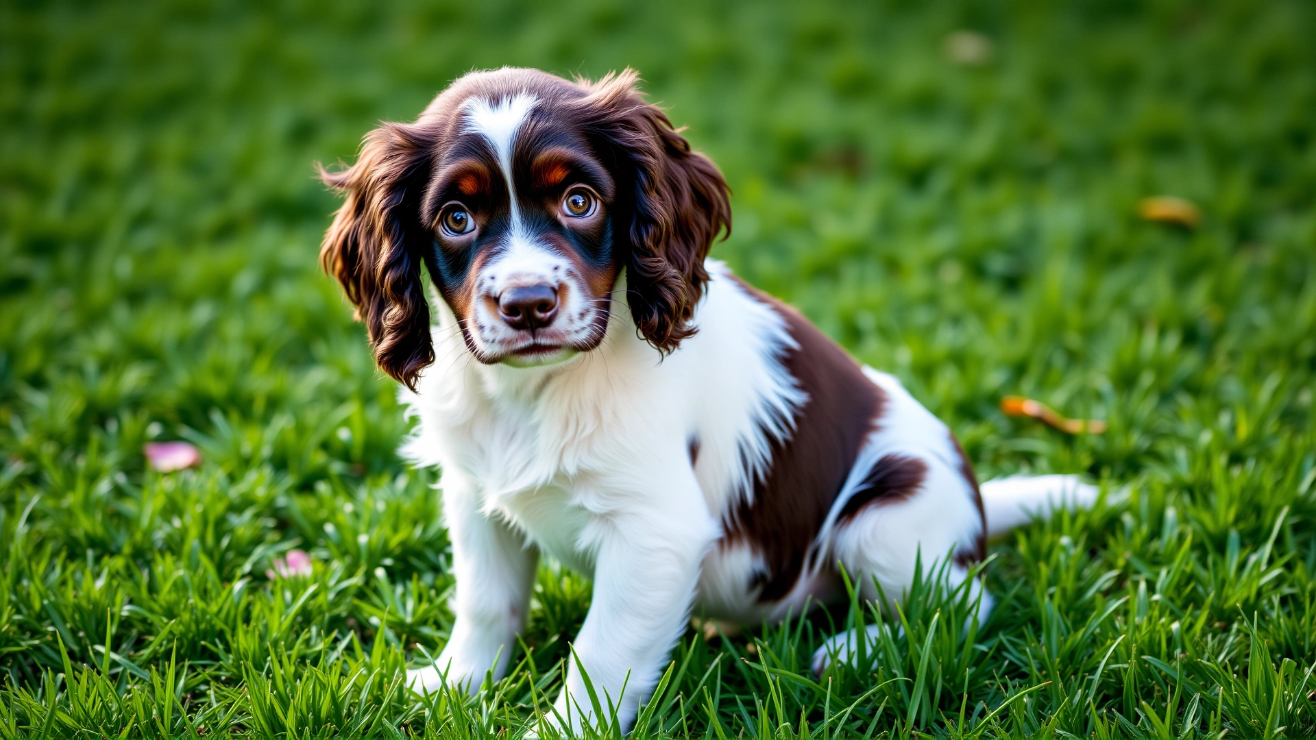 Cute English Springer Spaniel puppy sitting on fresh green grass, staring curiously at the camera.