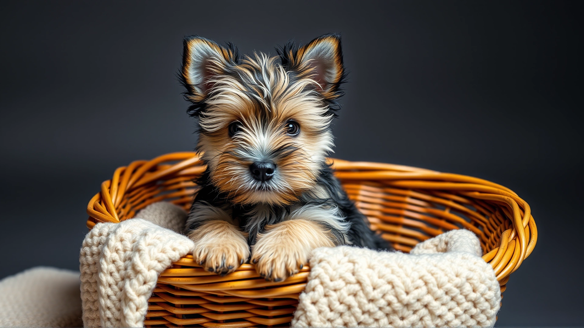 Adorable Dandie Dinmont Terrier puppy sitting in a wicker basket with a cozy blanket, studio lighting, no text.