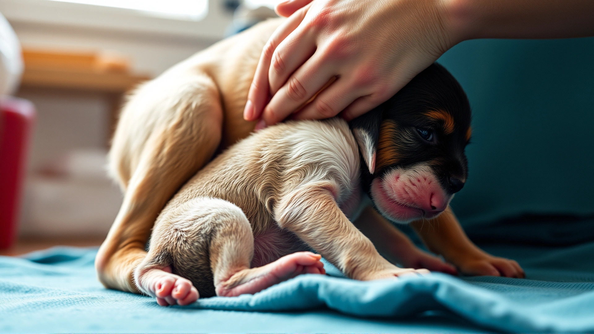 Action shot of a newborn puppy being gently cleaned by its mother immediately after birth, natural indoor lighting, slight motion blur
