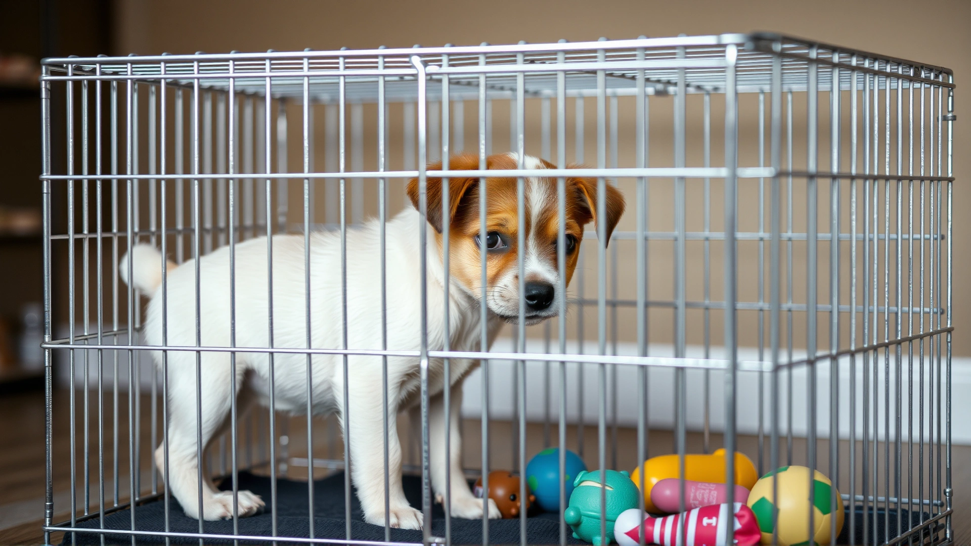 Small puppy inside a large wire crate with a divider panel reducing the usable space, toys scattered nearby