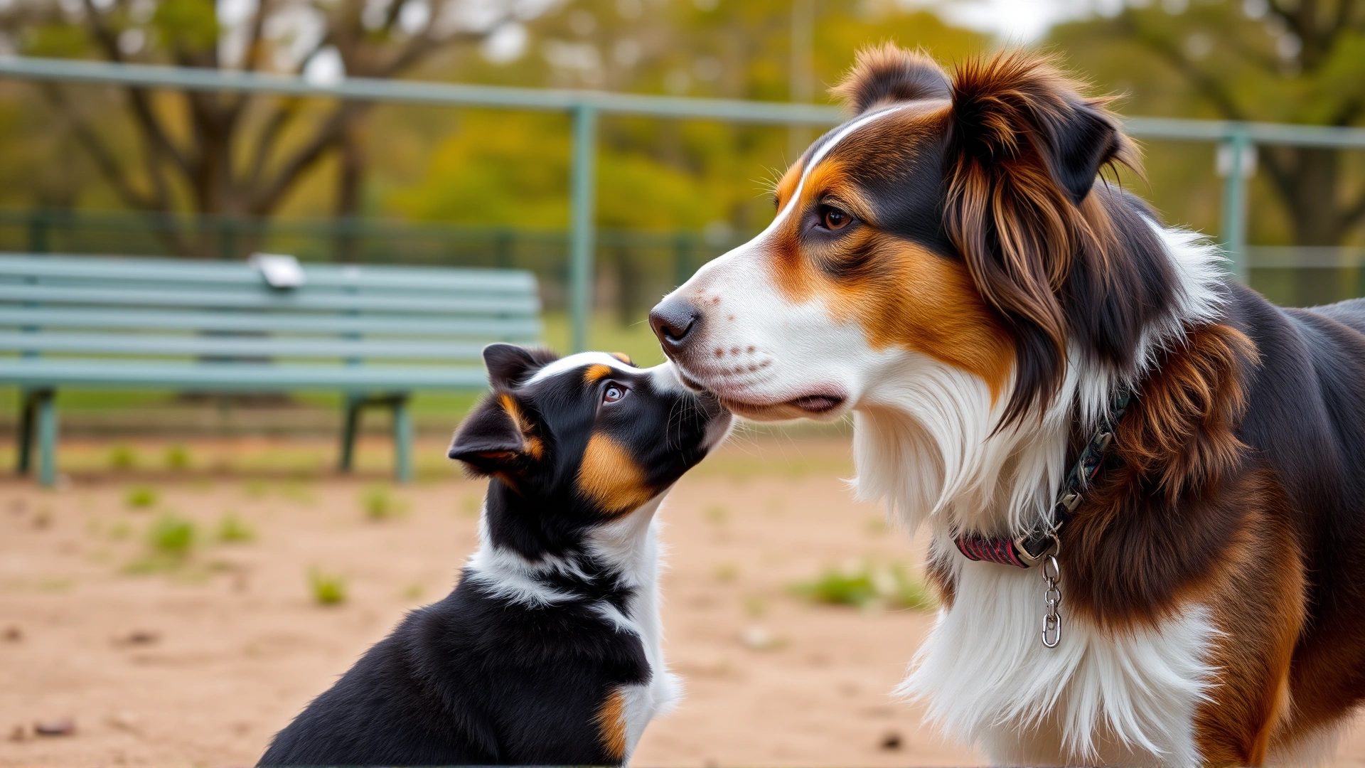 A young Border Collie puppy sniffing noses with an older vaccinated adult dog in a fenced dog park, with trees and benches blurred in the background.