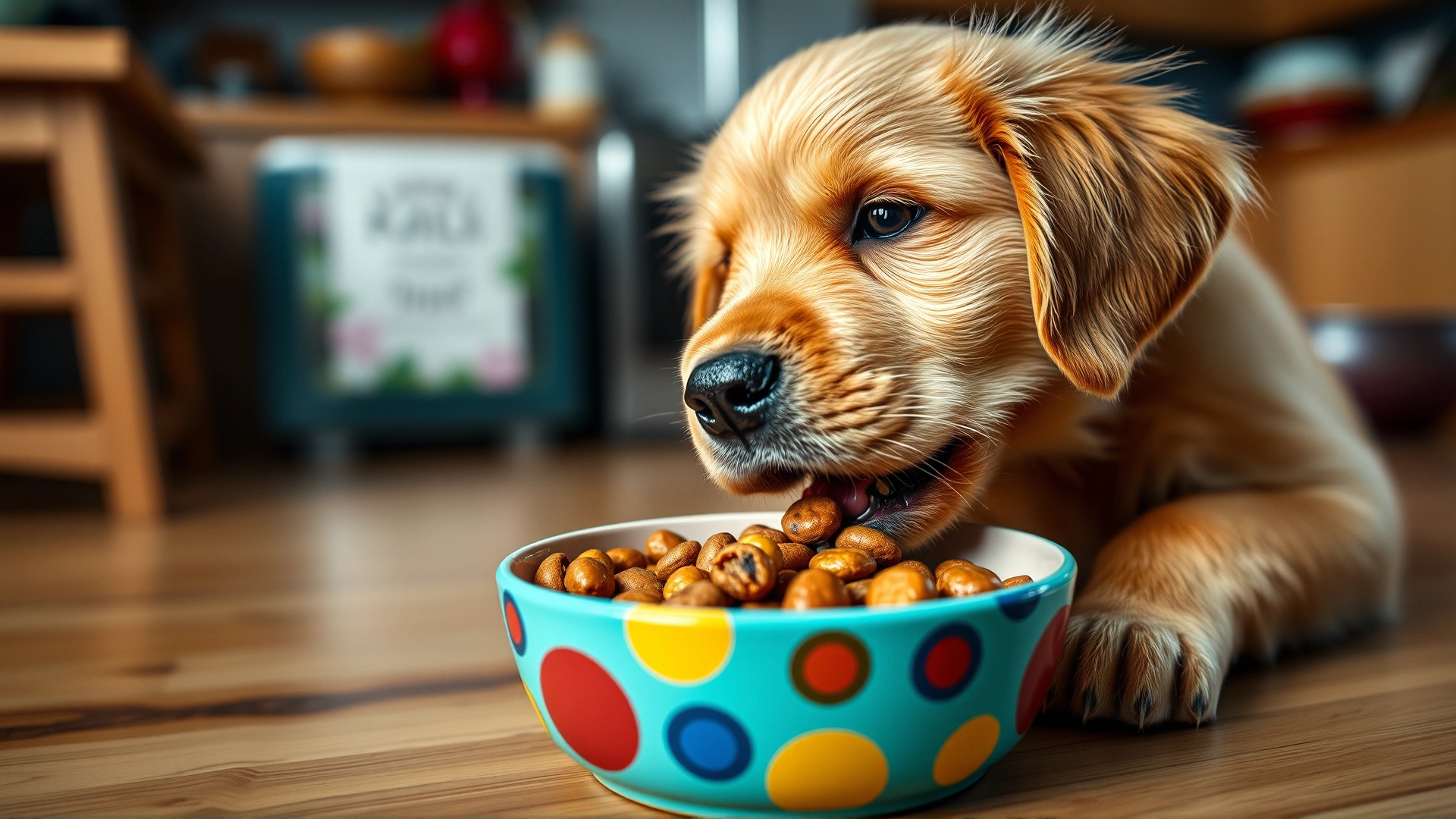 Close-up of a golden retriever puppy enjoying kibble from a colorful bowl in a cozy kitchen setting, shallow depth of field