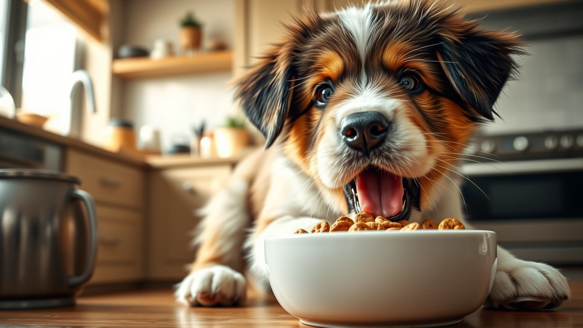 Close-up of a playful large-breed puppy eagerly eating kibble from a bowl in a cozy kitchen setting, soft natural light highlighting the puppy's fur.