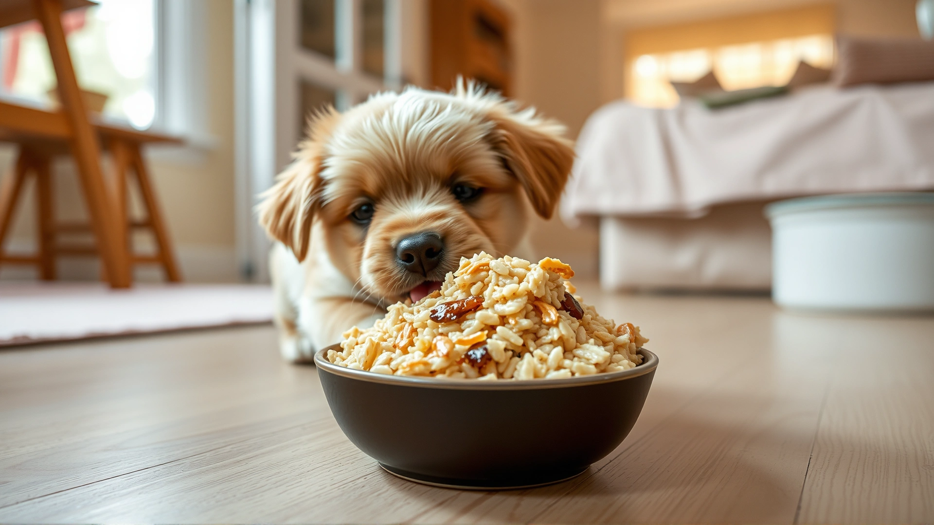 Cute puppy tasting rice mixed with shredded chicken from a small bowl on the floor, bright and cozy home setting.