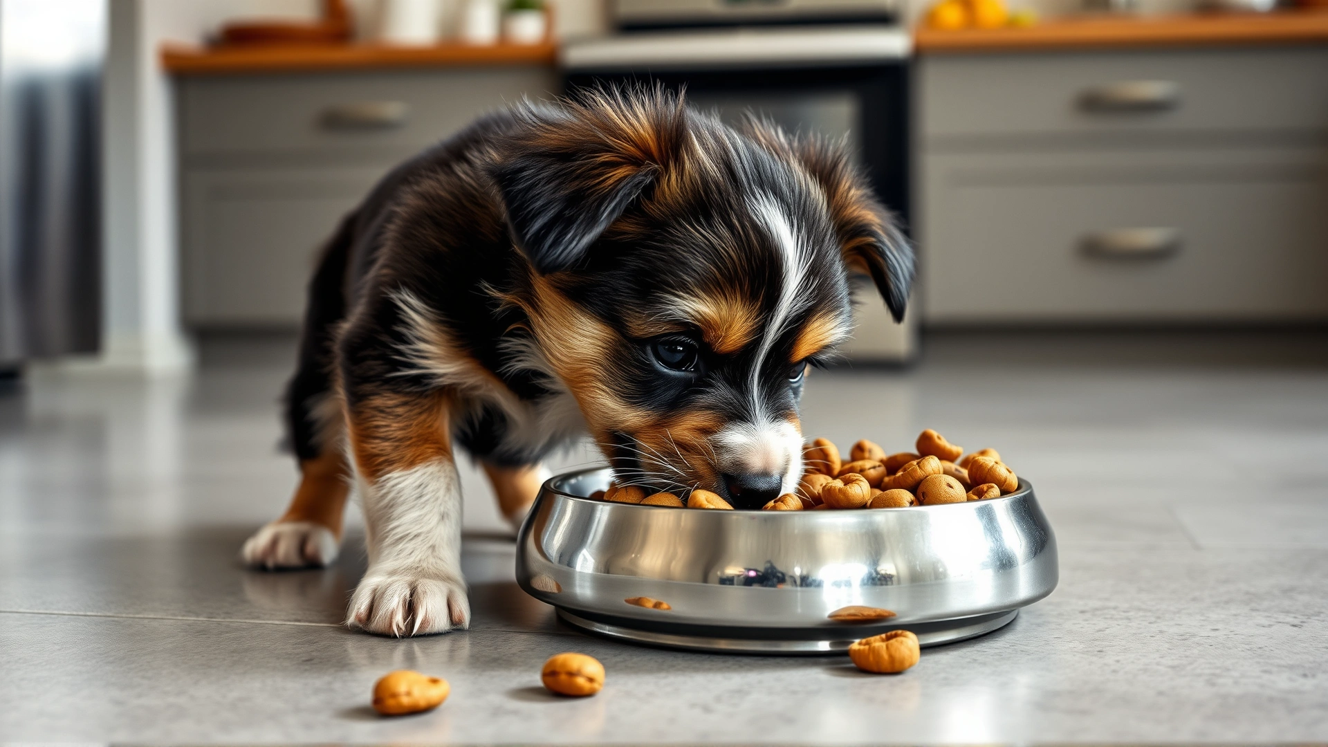 Small mixed-breed puppy eating kibble from a stainless steel bowl on a kitchen floor, natural daylight