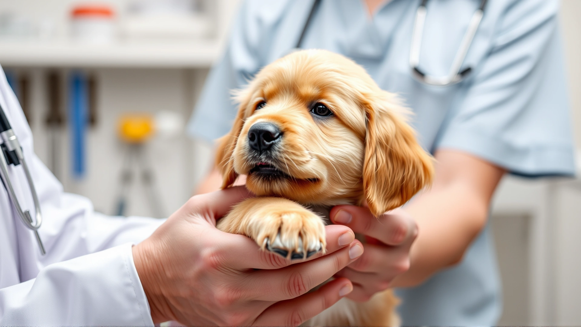 A young golden retriever puppy being gently held by a veterinarian during a routine check-up, with medical tools softly visible in the background.