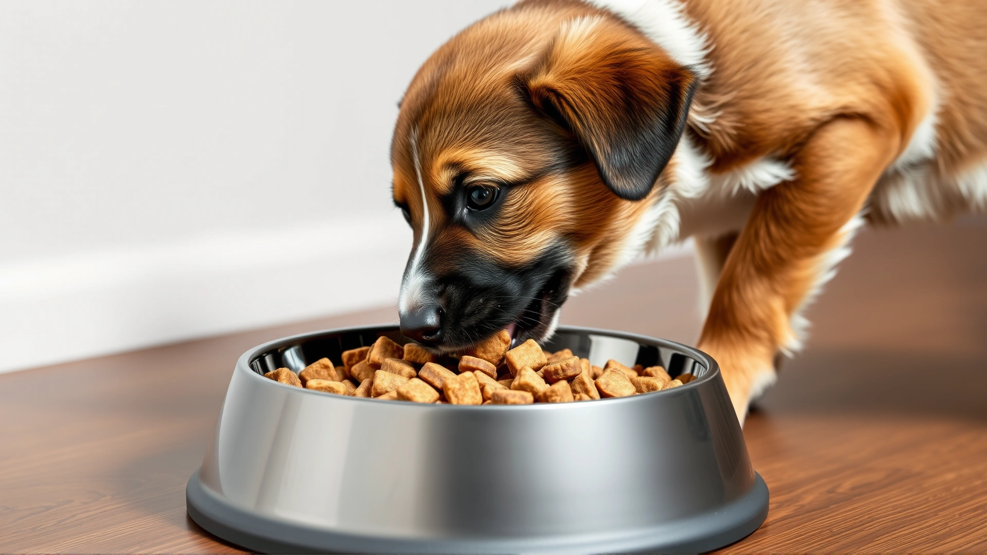 Large breed puppy eating from an elevated bowl filled with large-breed puppy kibble.