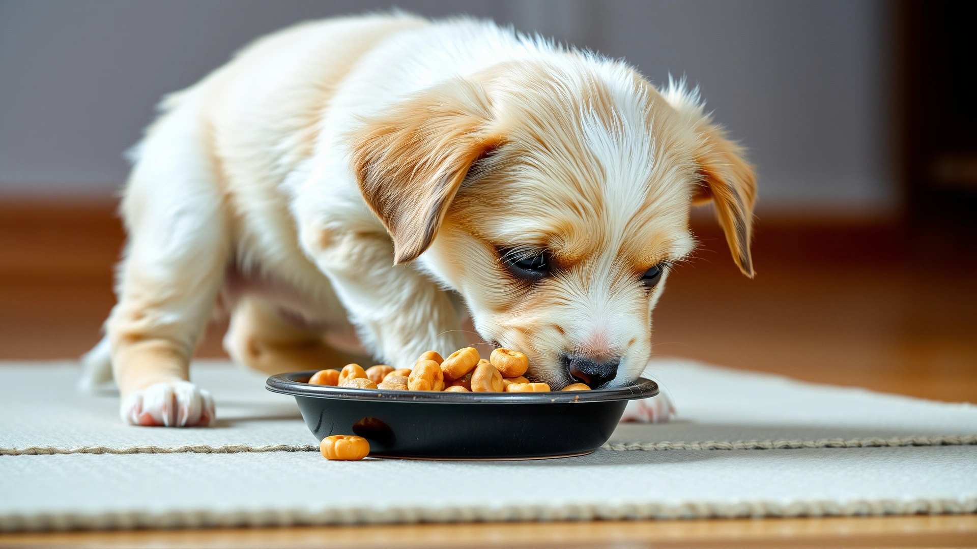 Cute puppy eagerly eating soft food from a shallow dish on a clean mat, representing puppy feeding needs