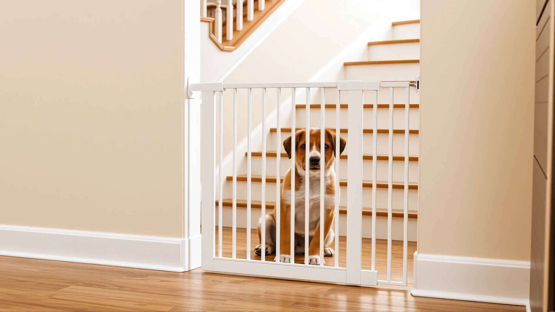 Indoor baby gate blocking a staircase with a curious puppy sitting on the safe side