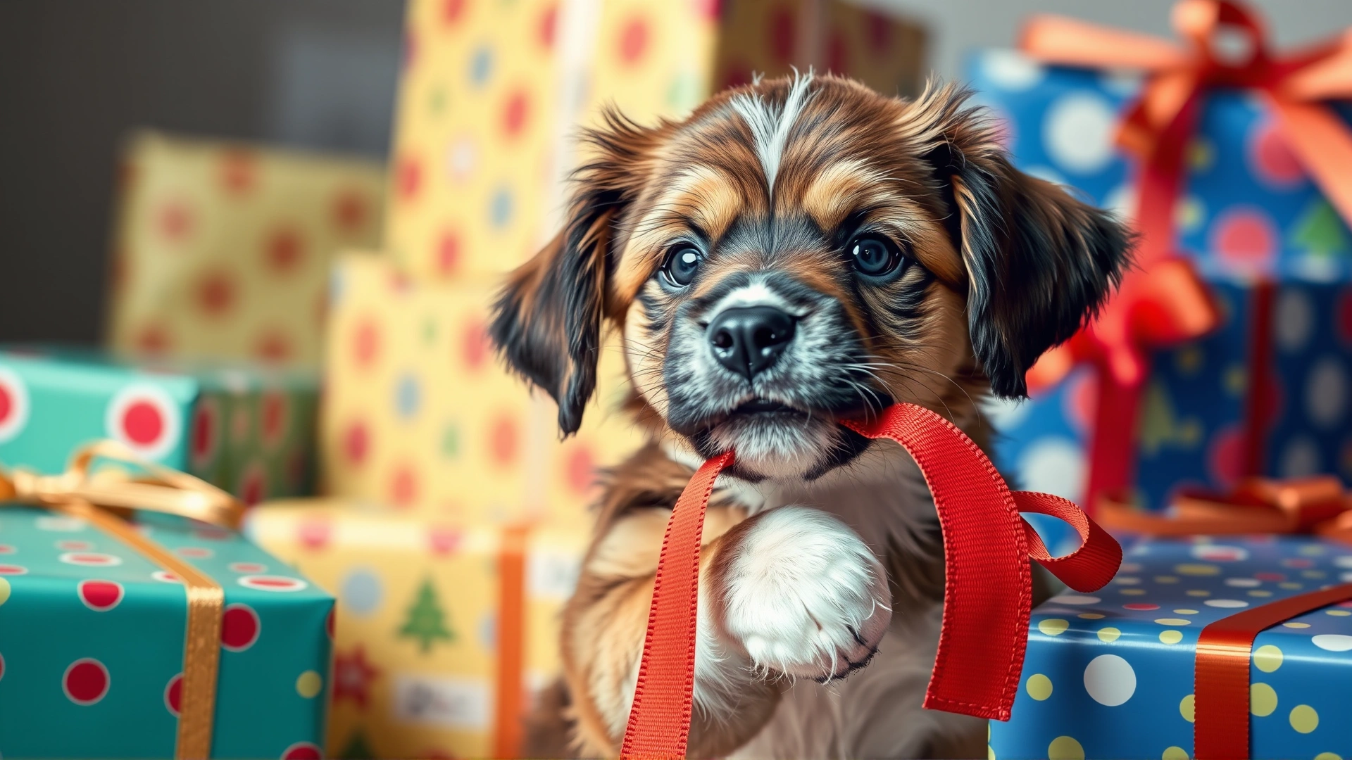 A mischievous puppy tugging on a long ribbon surrounded by colorful wrapped presents, highlighting the risk of ingesting gift-wrapping materials.