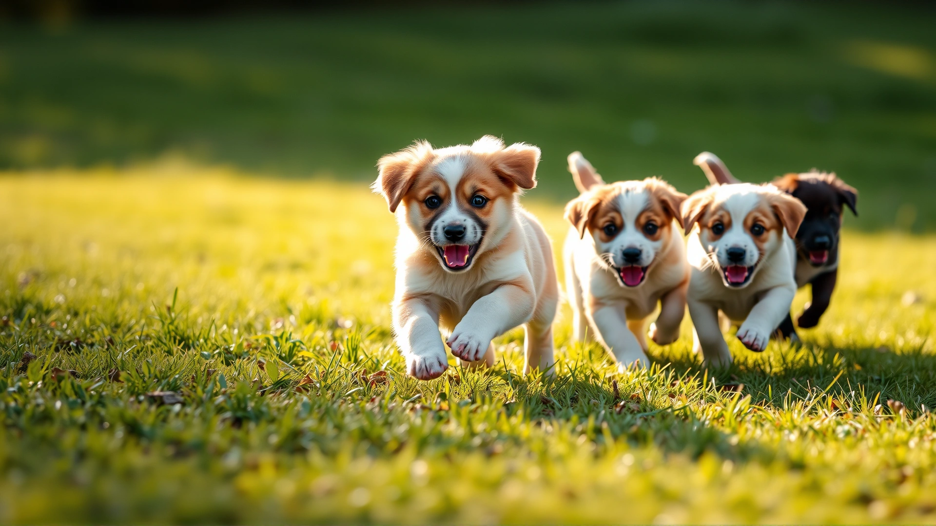 Group of playful puppies running on soft grass under sunlight, symbolizing growth and bone development