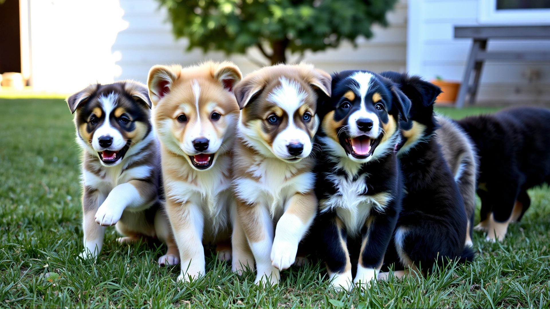 Litter of playful Central Asian Shepherd puppies in a grassy yard, showing early socialization and diversity of coat colors.