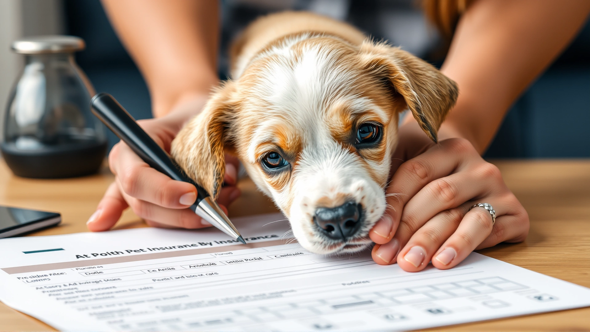 Close-up of hands filling out a pet insurance application form with a curious puppy sniffing the paperwork.