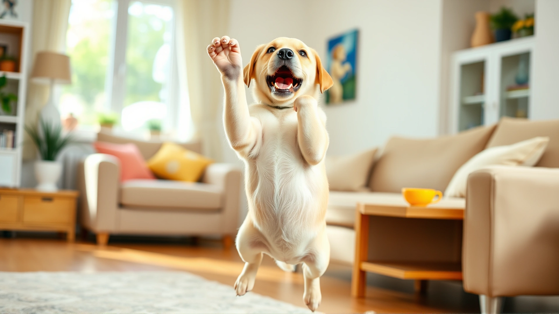 Playful young Labrador puppy jumping up inside a bright living room, front paws in the air, furniture blurred in background, no text