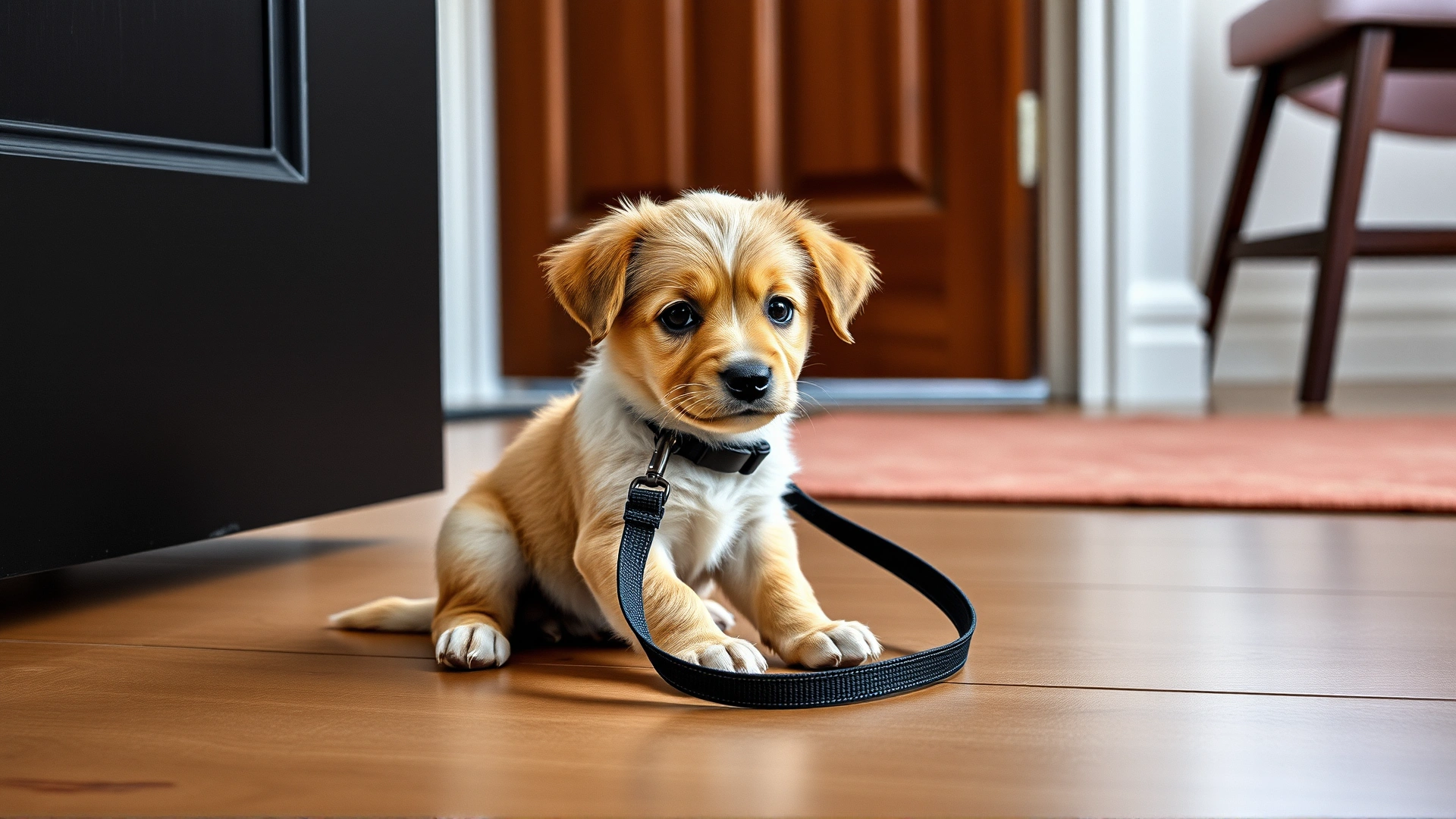 Young puppy waiting patiently with a leash on the floor near the front door, showing readiness for a walk.